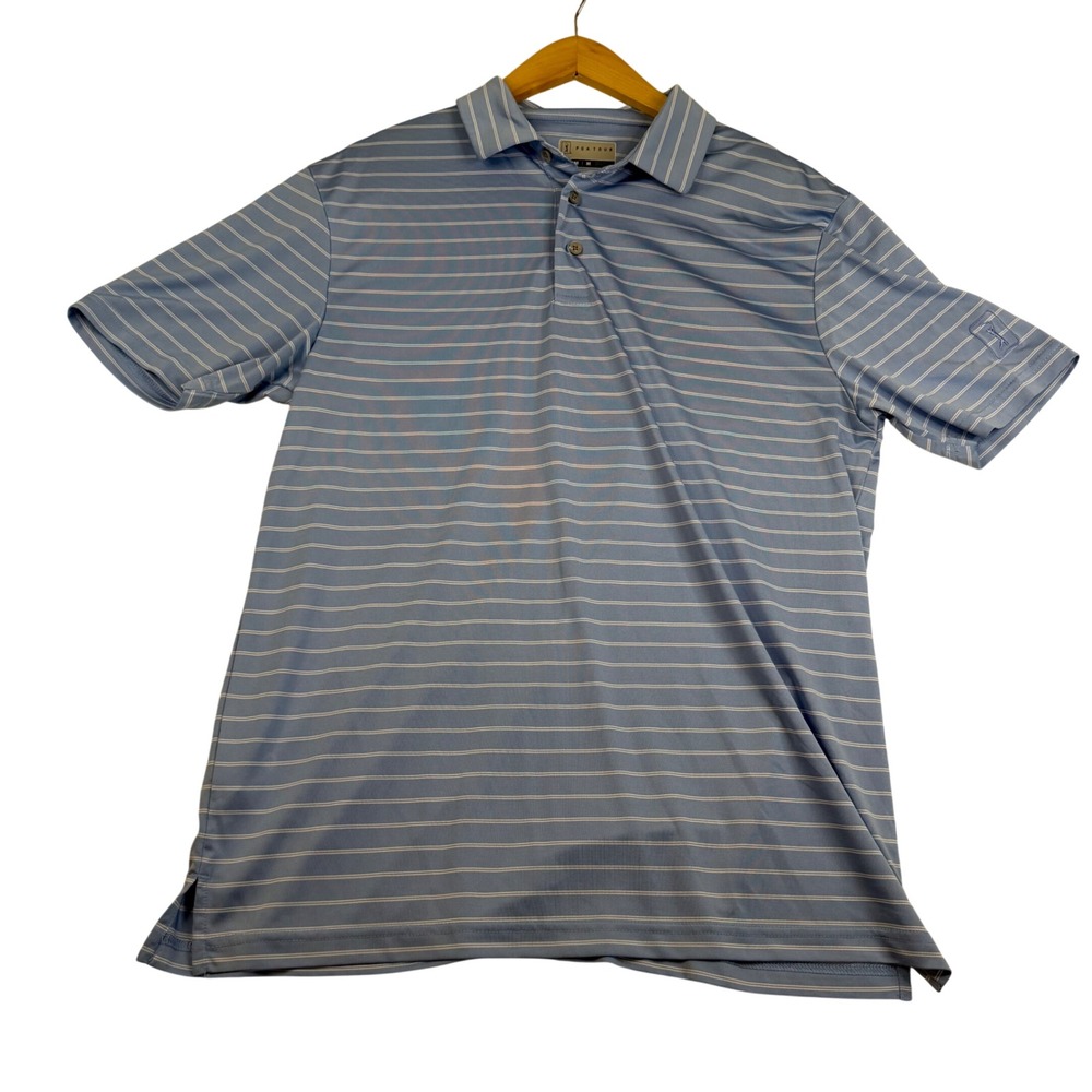 PGA Tour Mens Medium Blue White Striped Short Sleeve Golf Polo Shirt